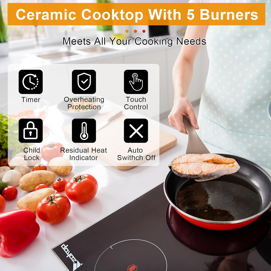 Winado 5 Burners Electric Ceramic Cooktop 35 inch, 220-240V Flat Top Stove, Multi-function Elecric Stovetop w/9 Heating Level, Timer & Kid Safety Lock, Sensor Touch Control, Timer Setting, 8600W