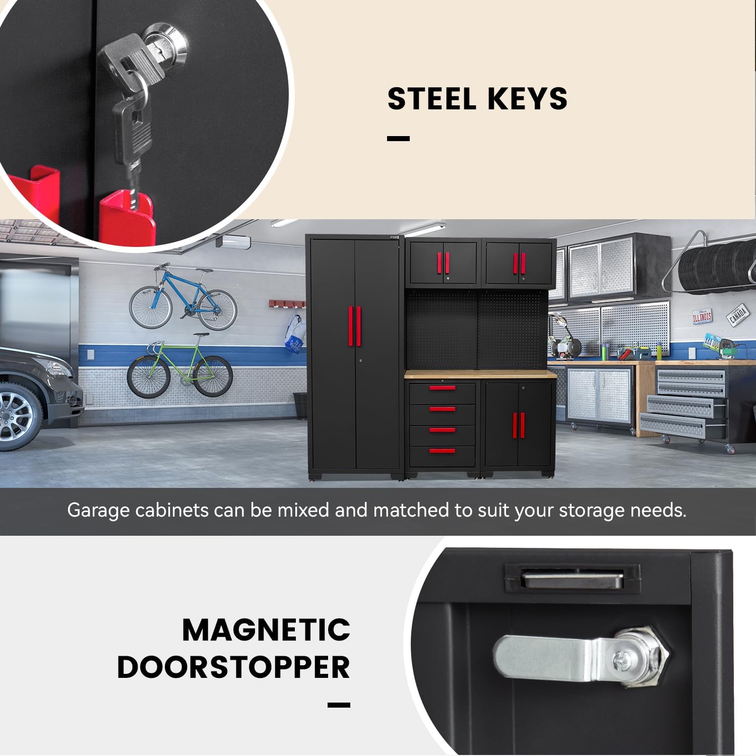 Garage Storage Cabinet System - 2 * 6-Pcs Workshop Set with Steel Cabinet Drawers, Tool Chest, Workbench, Pegboard for Tool Organization