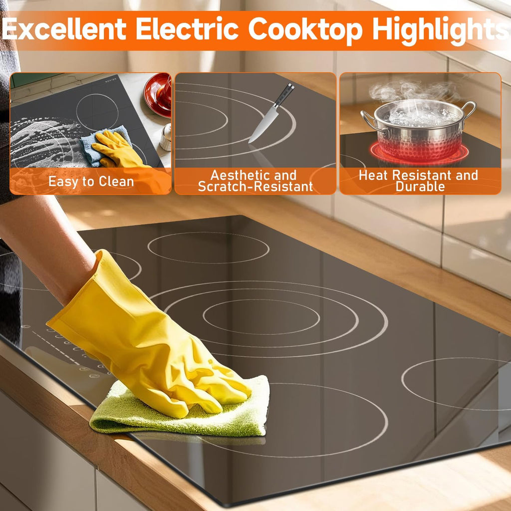 Noxton 36 Inch Electric Cooktop 5 Burners, 9600W Built-in Electric Stove Top, Flexible Bridge & Triple Elements, Pause, Timer, Child Safety Lock,Touch Control Ceramic Cooktop for 220-240V Hard Wire