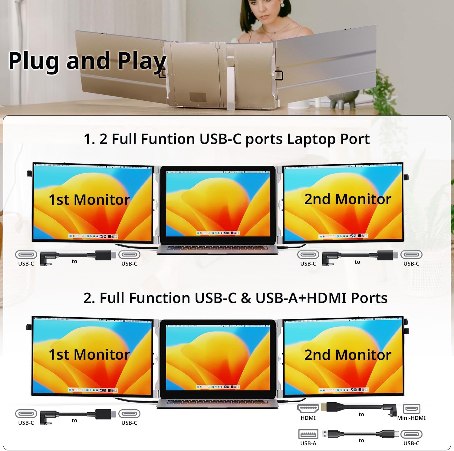 AYY Laptop Screen Extender, 14' FHD 1200P Portable Triple Monitor for 13'-17' Laptops, Aluminum Alloy Stand, Compatible with MacOS/Windows/Chrome