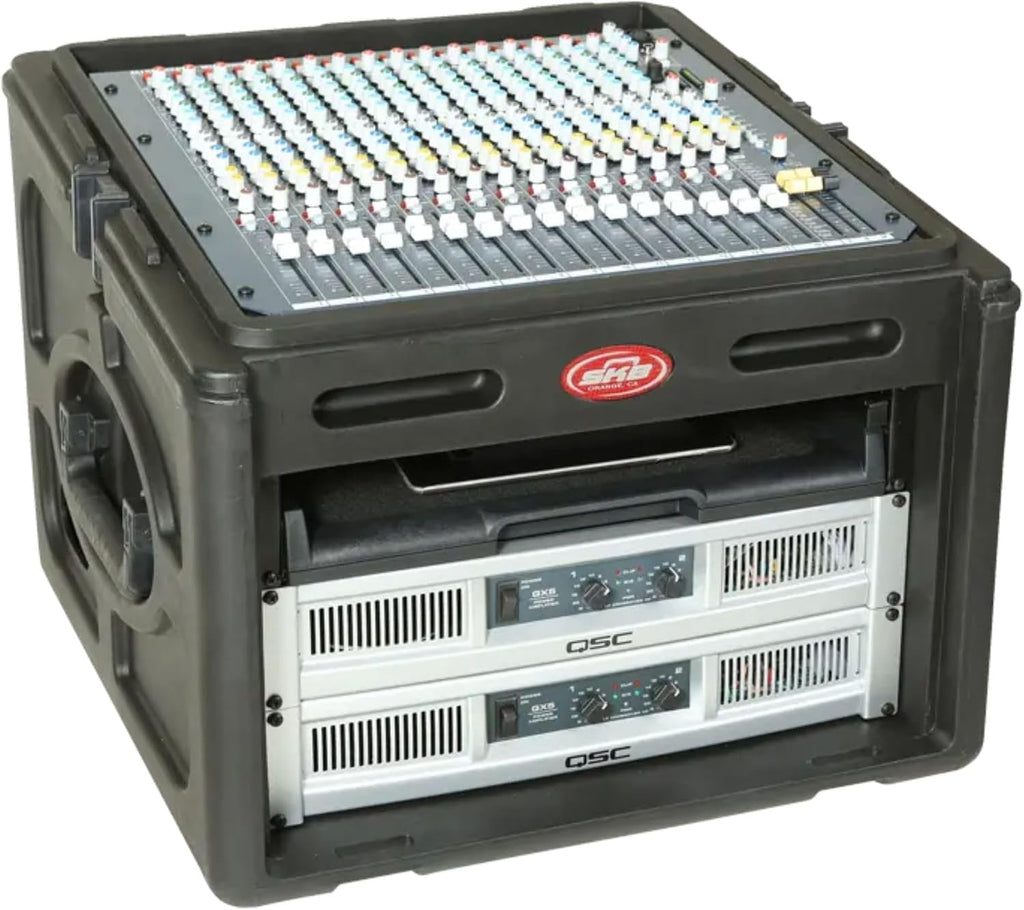 SKB Roto Rack/Mixer Console, 10U Slanted Rackmount on top, 6U Rackmount in Front with Steel Threaded Rails, Hard Lid and Doors and Side Access Ports