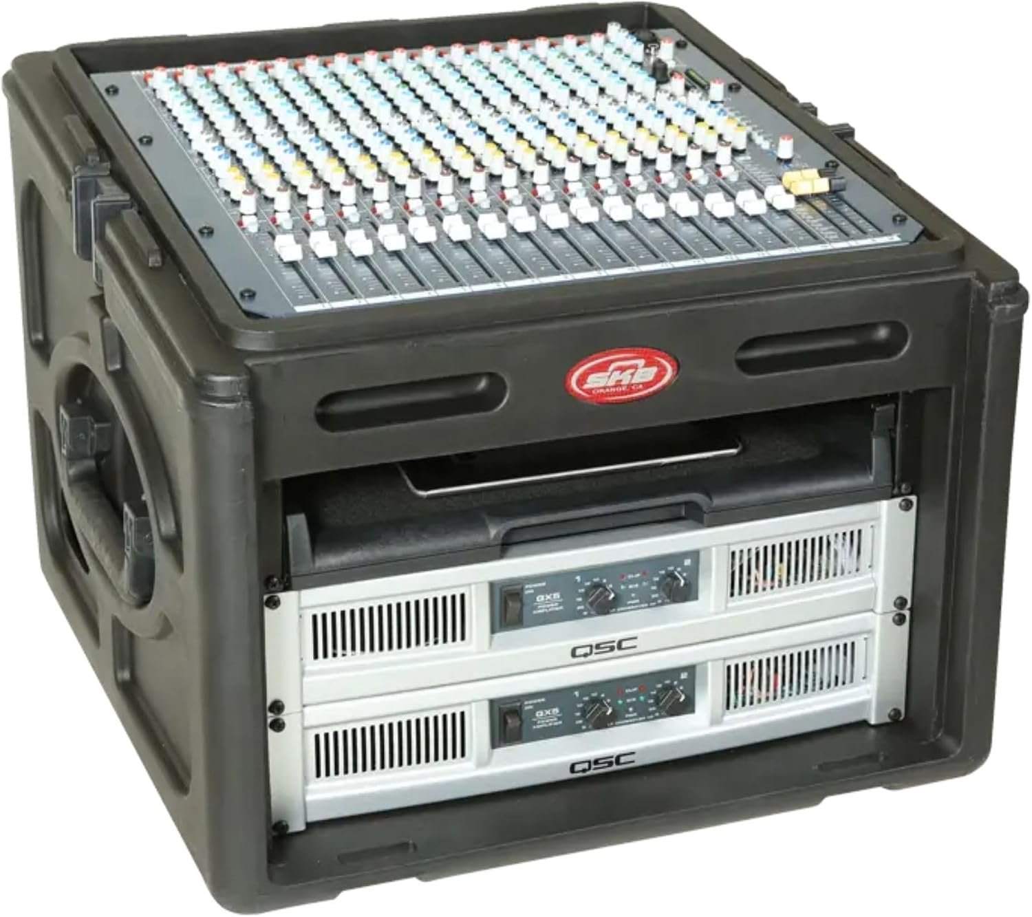 SKB Roto Rack/Mixer Console, 10U Slanted Rackmount on top, 6U Rackmount in Front with Steel Threaded Rails, Hard Lid and Doors and Side Access Ports