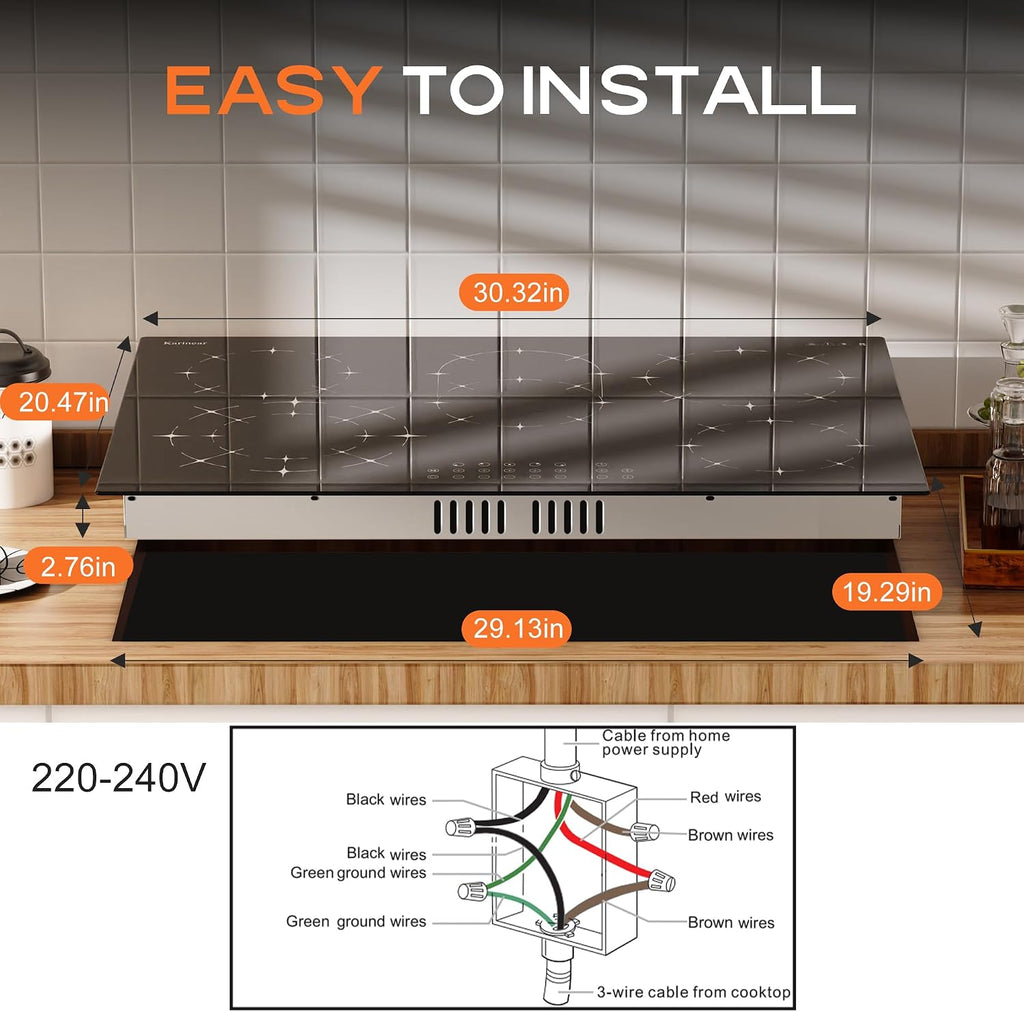 Karinear Electric Cooktop 30 Inch, 5 Burners Radiant Stovetop, Sensor Touch Control, Multi-functional Electric Ceramic Cooktop, Drop-in Install, 8400W 220V(No Plug)