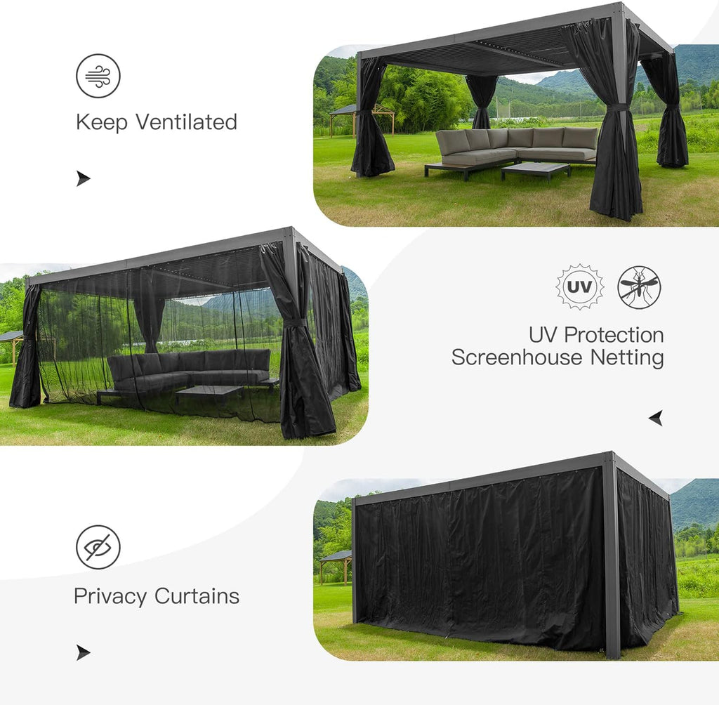 Domi Outdoor Pergola 10' × 13', Aluminium Louvered Pergola with Adjustable Roof, Curtains and Netting, Hardtop Gazebo for Patio, Deck, Garden, Yard, Beach(Gray)