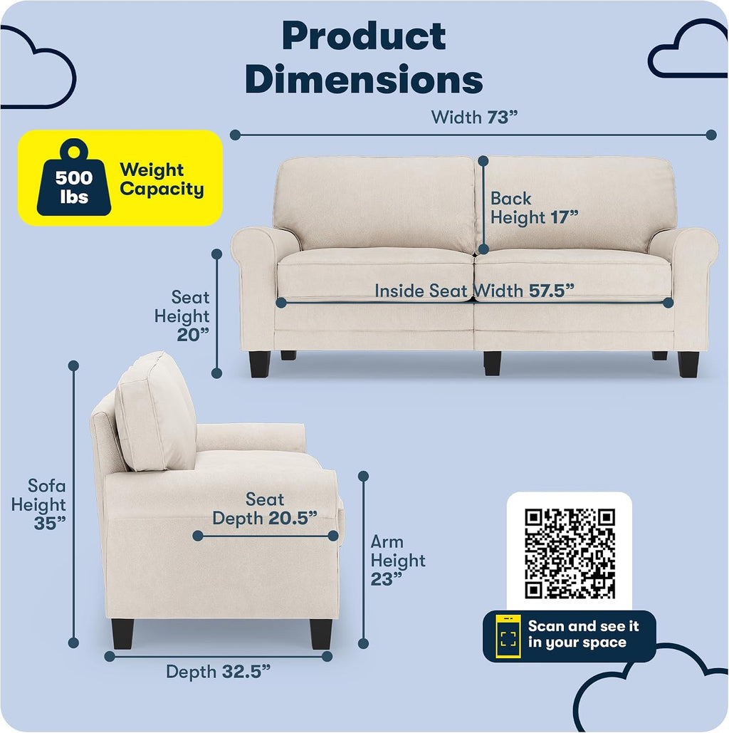 Serta Copenhagen 73' Rolled Arm Sofa, Easy Care Polyester, Soft Pillow Back, Pocket Coil Seat Cushions, Removable Covers, Loveseat or Couch for Small Spaces, Living Rooms or Bedrooms, Cream White