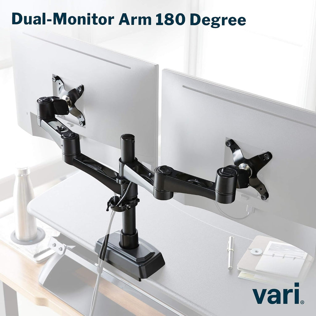 Vari Dual Monitor Arm 180 Degree - VESA Compatible Mount w/ 180 Degree Adjustment - Monitors up to 27 inches, 19.8 lbs - Double Arms for Compact Spaces - Computer Monitor Stand for Home or Office