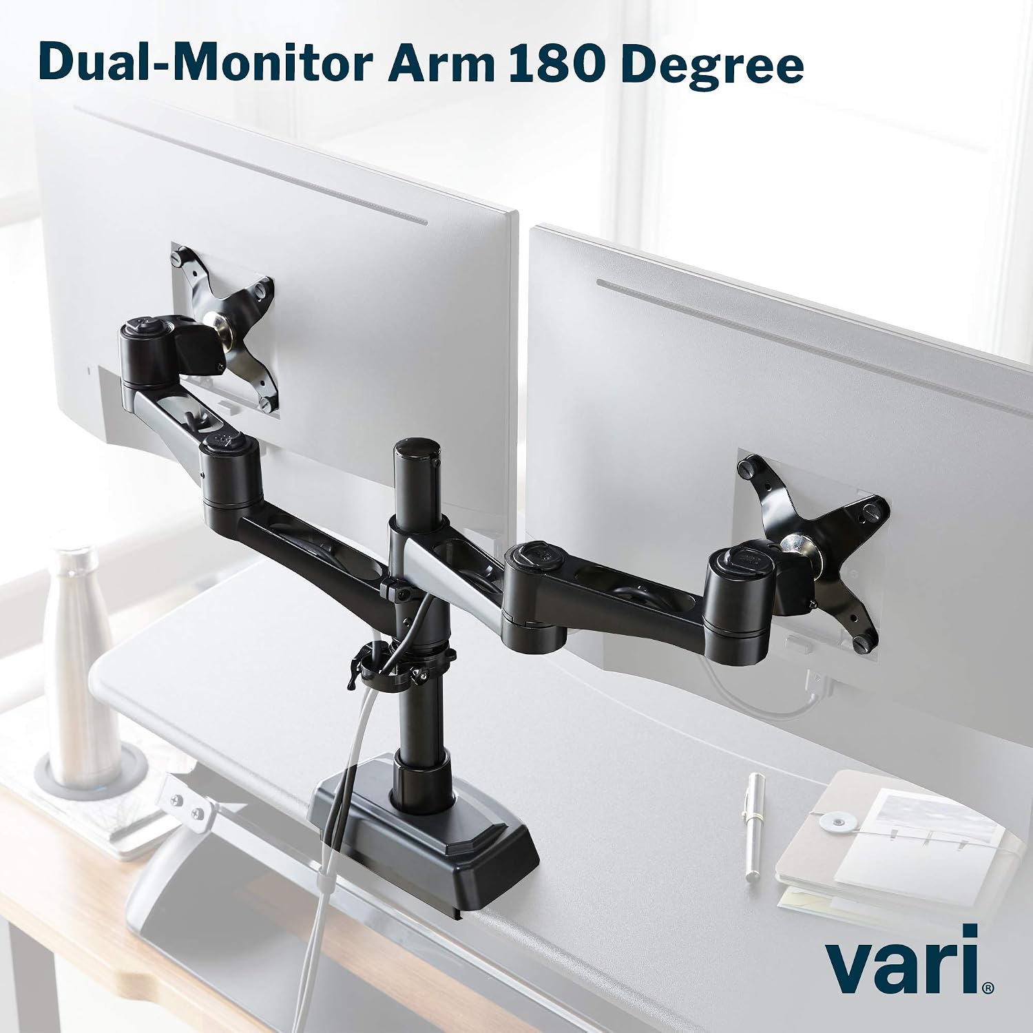 Vari Dual Monitor Arm 180 Degree - VESA Compatible Mount w/ 180 Degree Adjustment - Monitors up to 27 inches, 19.8 lbs - Double Arms for Compact Spaces - Computer Monitor Stand for Home or Office