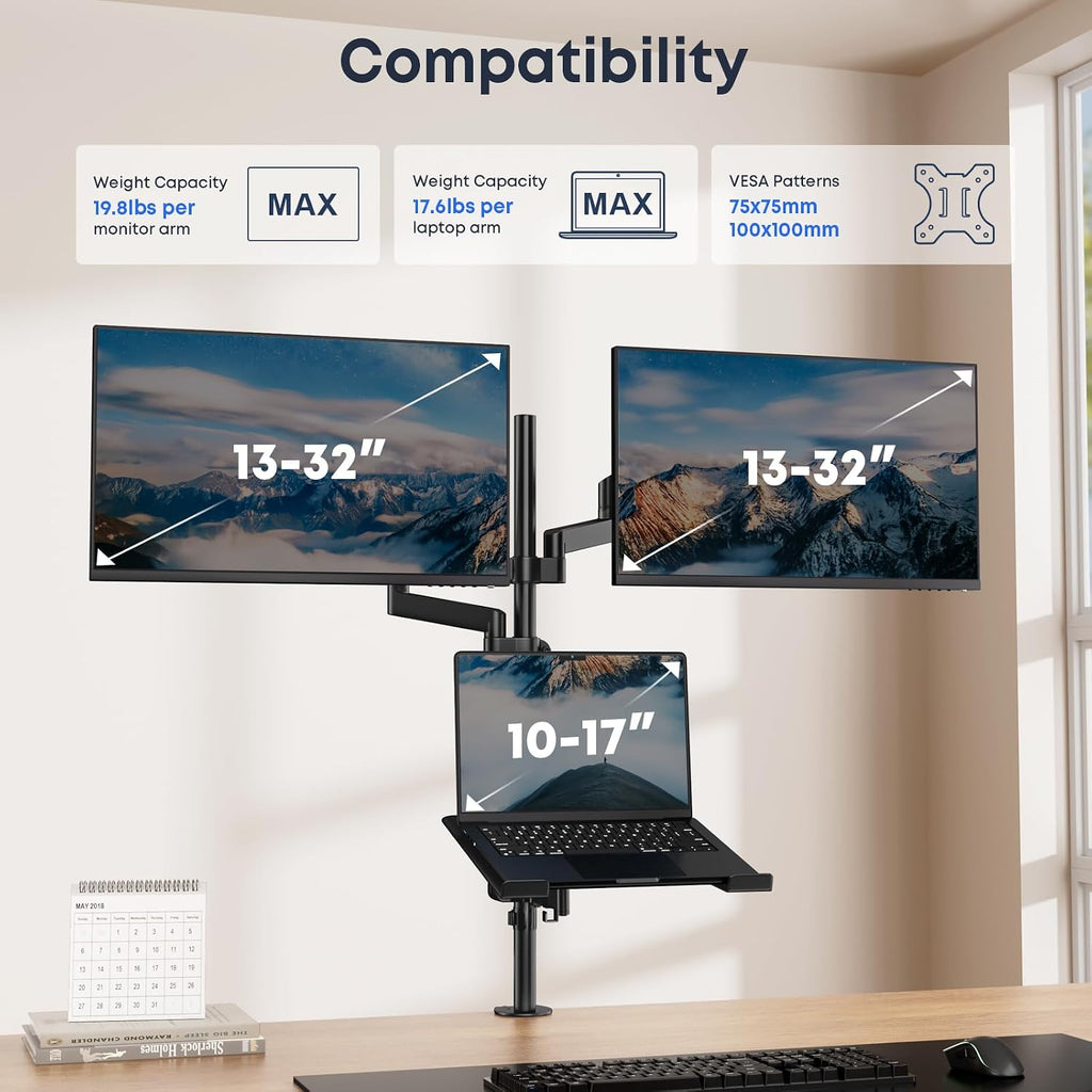 Dual Monitor and Laptop Mount Stand with Extra Long Pole, Holds 2 Monitors up to 32 Inch 19.8 lbs Each and 10-17 Inch Laptop, Full Motion Adjustable Desk Mount with C Clamp