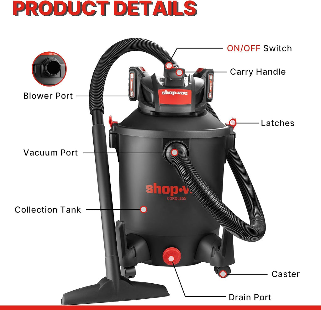 Shop-Vac 5430031 10 Gallon 20V Cordless Wet/Dry Vacuum with 1.5-inch x 7-Foot Hose, Includes (2) Extension Wands, Cartridge Filter, Collection Bag, and Foam Sleeve