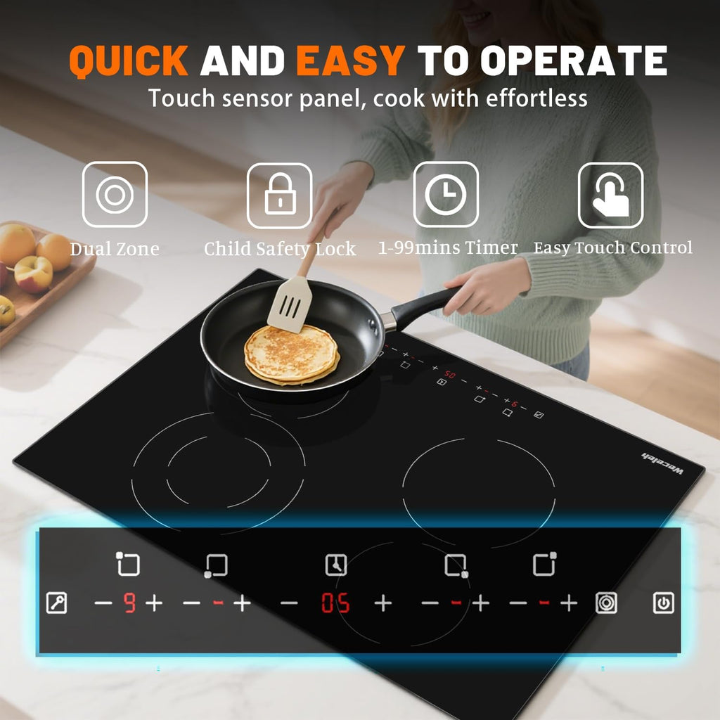 Electric Cooktop, 30 Inch Built-in Ceramic Cooktops 6400W, Electric Stove Top with 4 Burners 220-240V(No Plug), 9 Heating Levels, Child Lock, Sensor Touch Control, Residual Heat Warning