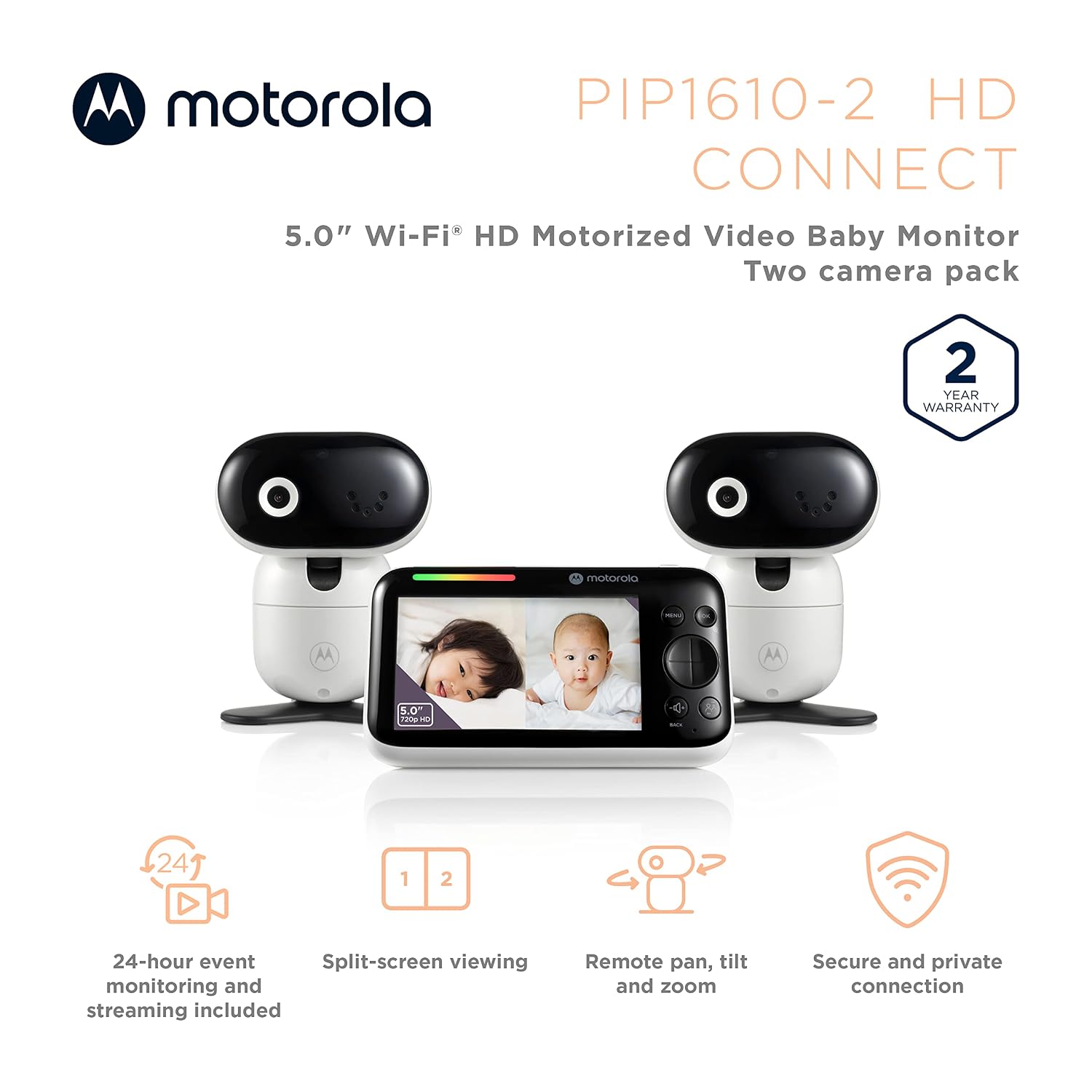 Motorola Nursery WiFi Baby Monitor with 2 Cameras, 5' Screen, Wall Mount, Long Range, 2-Way Audio, Temperature Sensor, Motorized, Lullabies, PIP1610-2 HD Connect