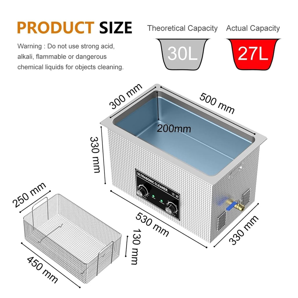 30L 900W Ultrasonic Cleaner 110V/220V Industrial Compatible with Injector Engine Auto Parts Lab PCB Cleaner Washing Machine(100-780W,EU)
