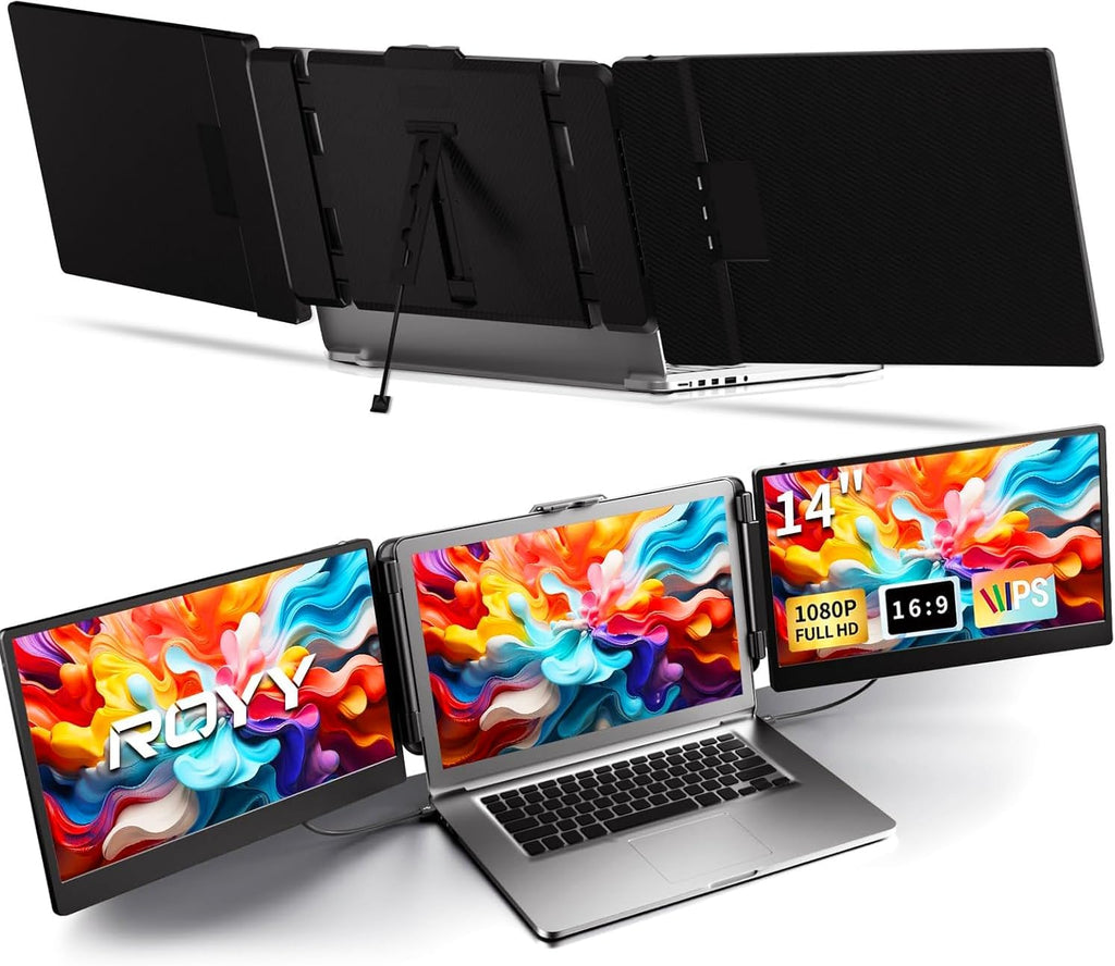 ROYY Laptop Screen Extender Double Monitor - 14' 1080P Portable Monitor FHD Attachment Extra Screen Compatible with Windows Mac Dex Chrome Travel Work Fits 13-17' Laptops