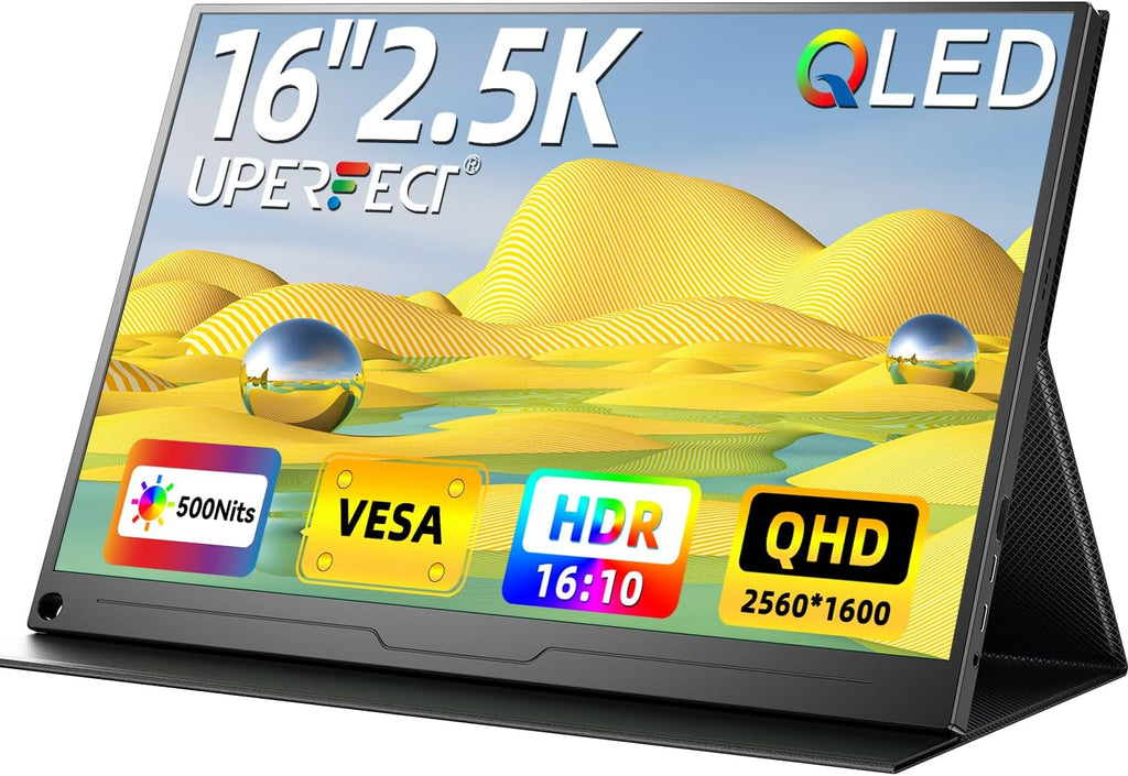 UPERFECT 2.5K QLED Portable Monitor, 16' 2560x1600 QHD Portable Gaming Monitor 120% sRGB HDR Laptop Monitor w/VESA & Smart Case Matte Eye Care External Second Screen for PC Laptop Phone Game Console