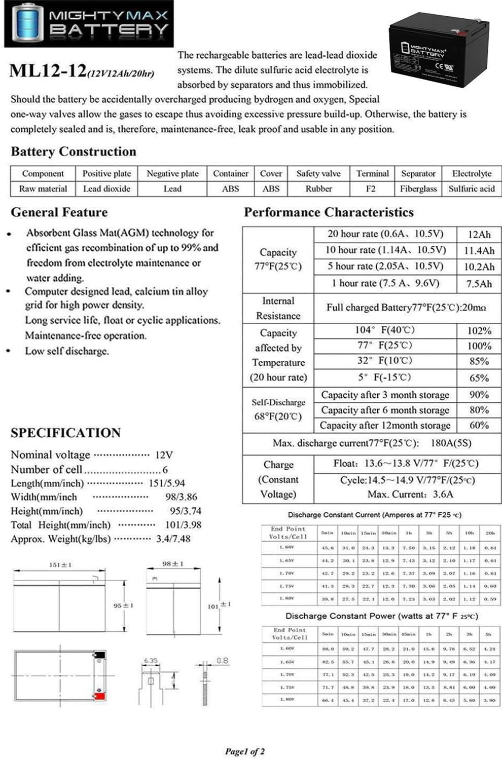 Mighty Max Battery Mighty Max Battery ML12-12 - 12 VOLT 12 AH SLA Battery F2 Terminal - Pack Of 6
