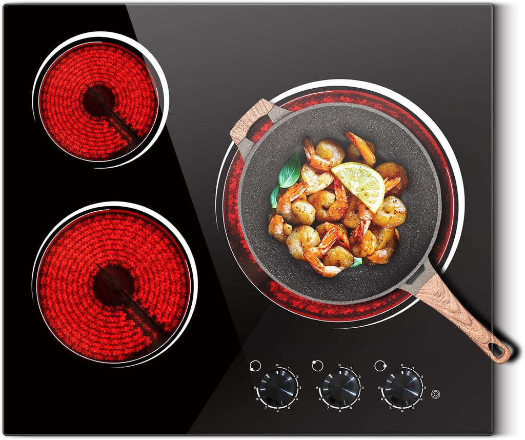 Electric Cooktop 24 Inch - 5700W 3 Burner Electric Stove with Knob Conrol, 220-240V Electrics Stove Top 24'', Built-in, Automatic Shutdown & 9 Heating Levels, Residual Heat Warning, Hard Wire