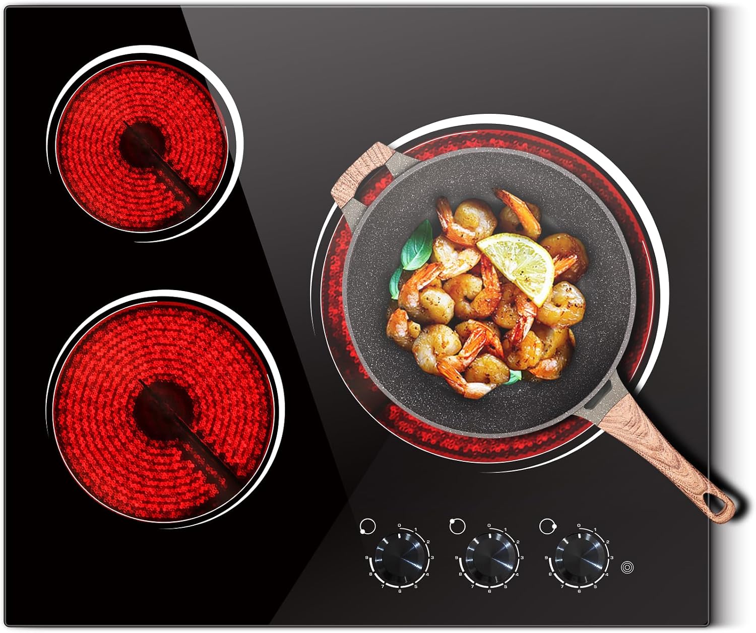 Electric Cooktop 24 Inch - 5700W 3 Burner Electric Stove with Knob Conrol, 220-240V Electrics Stove Top 24'', Built-in, Automatic Shutdown & 9 Heating Levels, Residual Heat Warning, Hard Wire