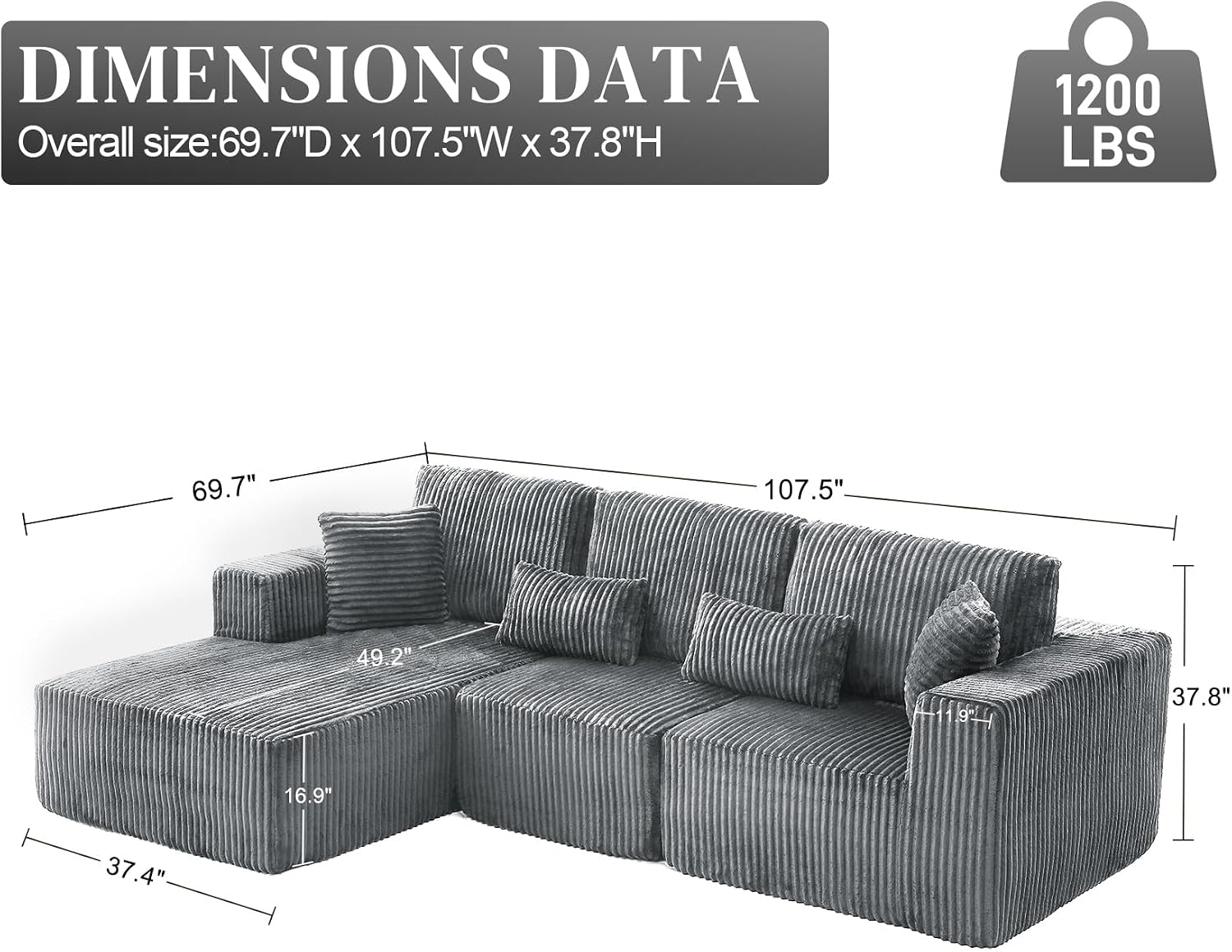 108' Boneless Couches for Living Room, L Shaped Comfy Cloud Modular Sectional Memory Foam Deep Seat Boneless Couch, No Assembly Required Sofa for Living Room with Left Facing Chaise, Dark Grey