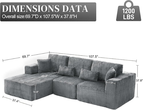 108' Boneless Couches for Living Room, L Shaped Comfy Cloud Modular Sectional Memory Foam Deep Seat Boneless Couch, No Assembly Required Sofa for Living Room with Left Facing Chaise, Dark Grey