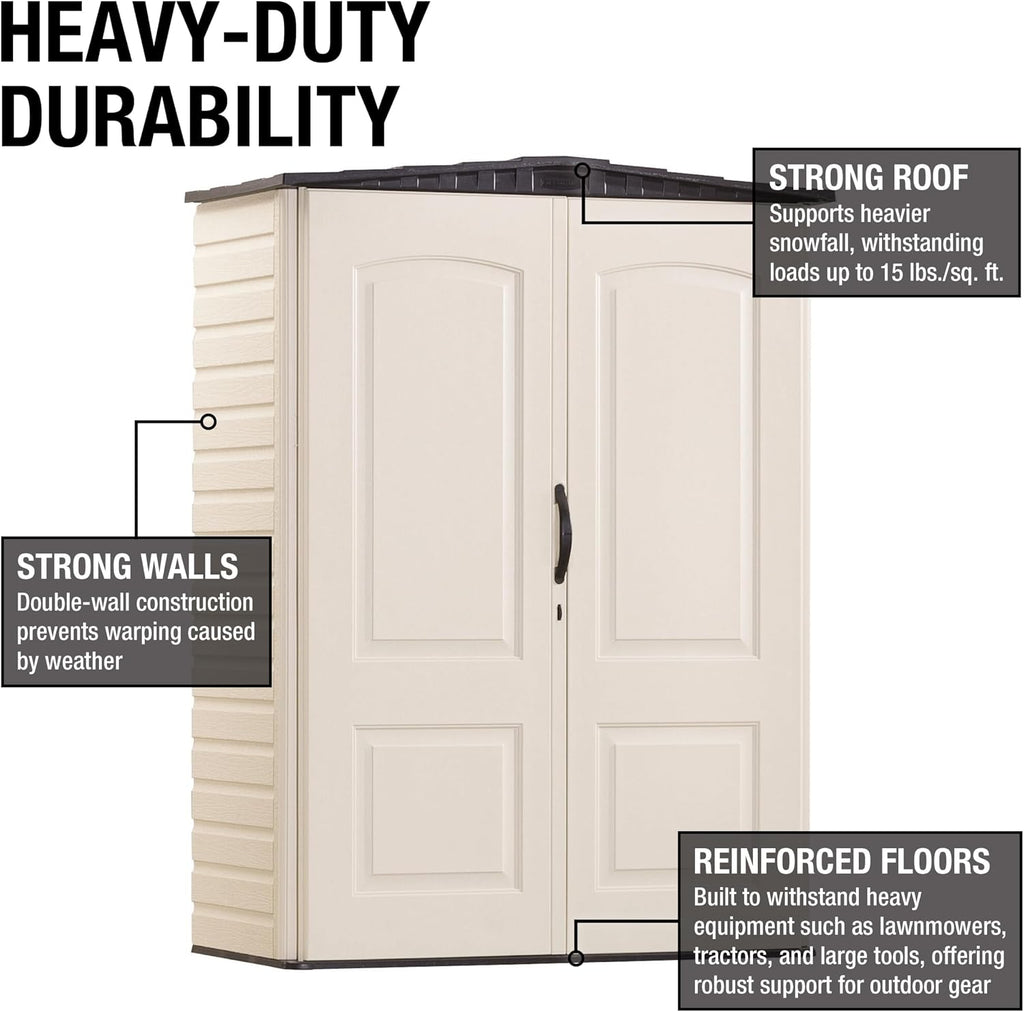 Rubbermaid Small Vertical Resin Outdoor Storage Shed With Floor (2.3 x 4.6 Ft), Weather Resistant, Beige/Brown, Organization for Home/Backyard/Pool Chemicals/Toys/Garden Tools/Porch/Patio Cushions