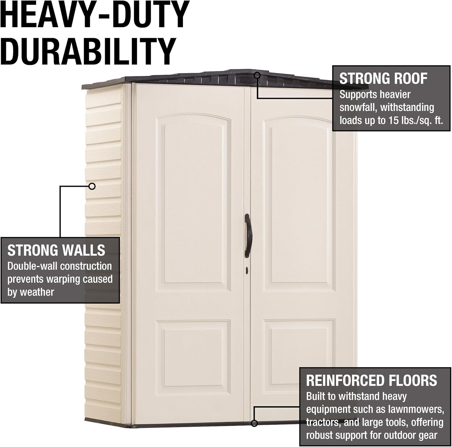 Rubbermaid Small Vertical Resin Outdoor Storage Shed With Floor (2.3 x 4.6 Ft), Weather Resistant, Beige/Brown, Organization for Home/Backyard/Pool Chemicals/Toys/Garden Tools/Porch/Patio Cushions