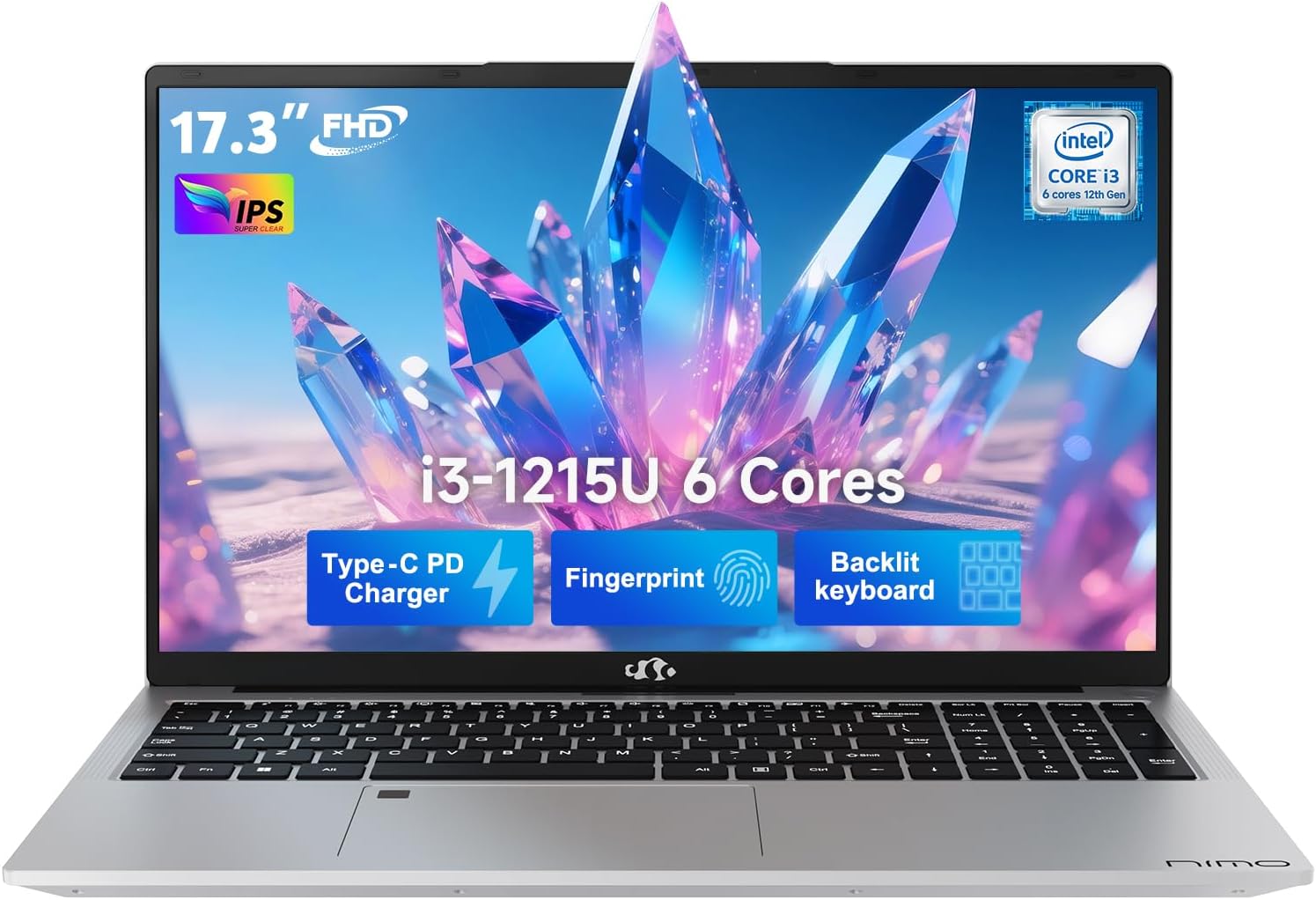 NIMO 17.3' IPS FHD-Laptop, Intel 6 Cores i3-1215U 16GB RAM 256GB SSD (Beat i5-1135G7, Up to 4.4GHz) Computer with 65W Type C Fingerprint Backlit Keyboard, for Home Student and Business