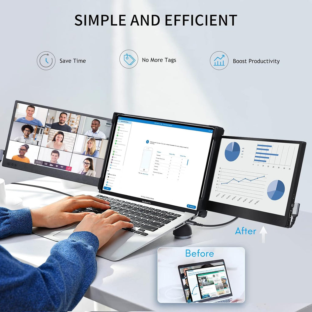 P2 Triple Portable Monitor for Laptop Screen Extender 12 Inch Dual Monitors Extender FHD 1080P IPS Display Type-C/HDMI/USB-A/Speakers for 13-16 Inch Notebook Computer Windows Mac Phone
