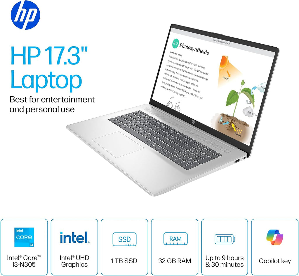 HP 17 Inch Laptop Computer for Business & Students 2025, 17.3' HD+ Display, Intel 8-Core i3 Processor, 32 GB RAM, 1 TB SSD, Copilot AI Key, Long Battery Life, Wi-Fi 6, Windows 11 Pro, Accessory Kit