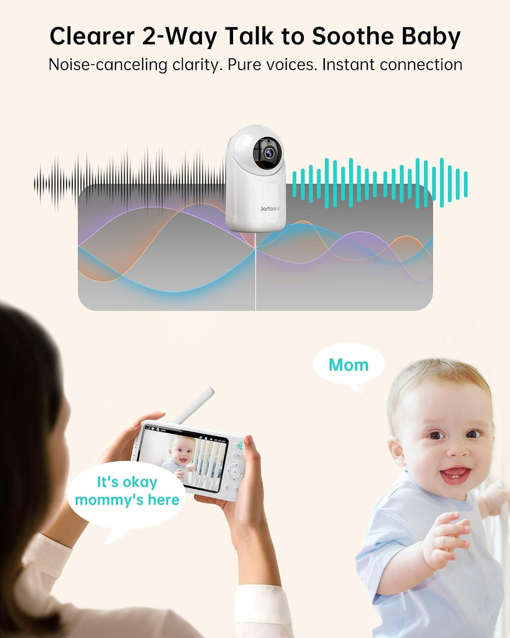 Jartoo 2K Video Baby Monitor with Camera and Audio, 1860ft Long Range Baby Monitor No WiFi 5.5' FHD Screen ANC Baby Camera Wireless, Feeding Clock, Night Vision, 2-Way Talk, AI Cry Detect, 6000mAh