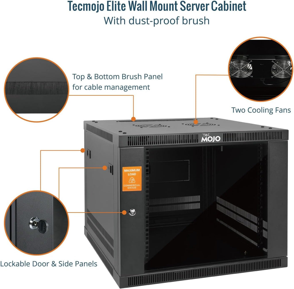 Tecmojo 9U Wall Mount Rack Cabinet, Heavy-Duty 176 Lbs High Load Capacity, 19' Enclosed Server Network Rack with 2 Colling Fans,Glass Door, 23.6' Deep – Elite Collection