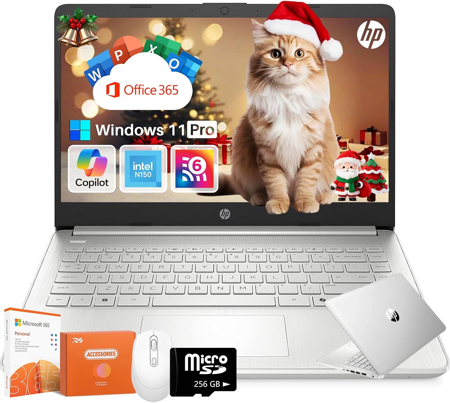 HP 14 inch Laptop for Student Business, Intel Processor N150, 16GB RAM, 384GB Storage(128GB eMMC+256GB MSD), Copilot AI, Windows 11 Pro, Wi-Fi 6, HD Camera, 1 Year Microsoft 365, Long Battery Life