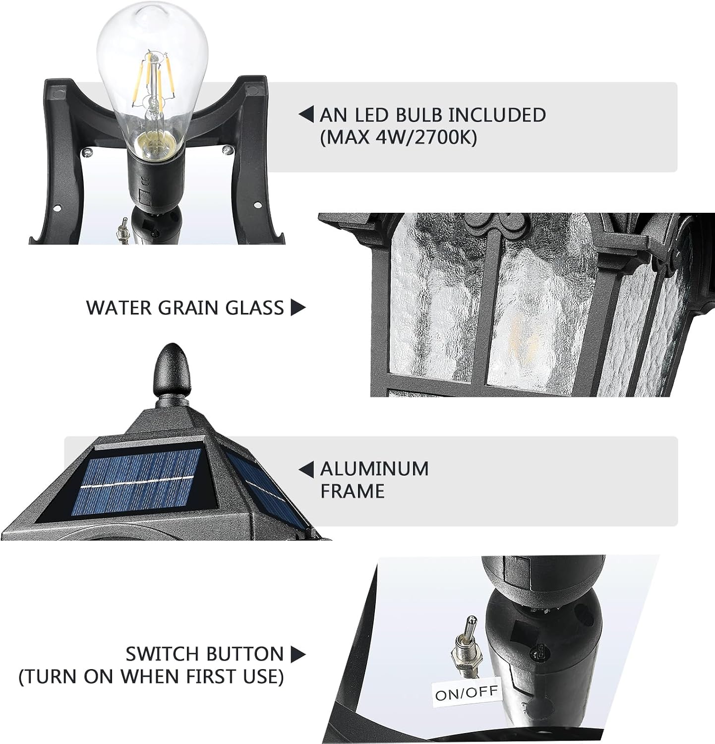 Emliviar Outdoor Solar Lamp Post Light in Black Finish, 22.1' Large Outdoor Lighting with Water Grain Glass Shade for Patio, Vintage Post Lantern LED Bulb Included with Remote Control, YXE302MP-SL BK