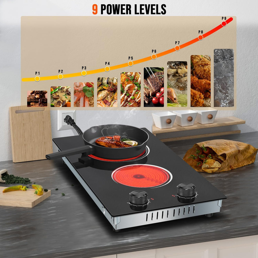 2 Burner Electric Cooktop 110V, 12 Inch Electric Cook Top Plug in, 2000W Electrics Stove with Knob Control, Countertop & Built-in Ceramic Stovetop, 9 Heating Level, Residual Heat Indicator
