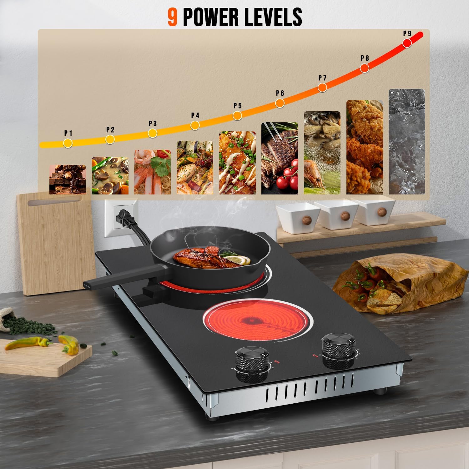 2 Burner Electric Cooktop 110V, 12 Inch Electric Cook Top Plug in, 2000W Electrics Stove with Knob Control, Countertop & Built-in Ceramic Stovetop, 9 Heating Level, Residual Heat Indicator