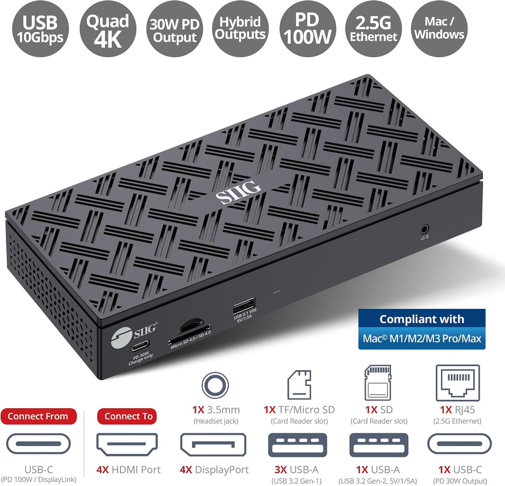SIIG USB-C Quad 4K 60Hz Docking Station with 100W PD - Quad 4K@60Hz Monitor Laptop Dock - DisplayLink - 4 HDMI 4 DisplayPort, 4X USB-A, 2X USB-C, Thunderbolt 3 Compatible, 2.5 Gigabit Ethernet