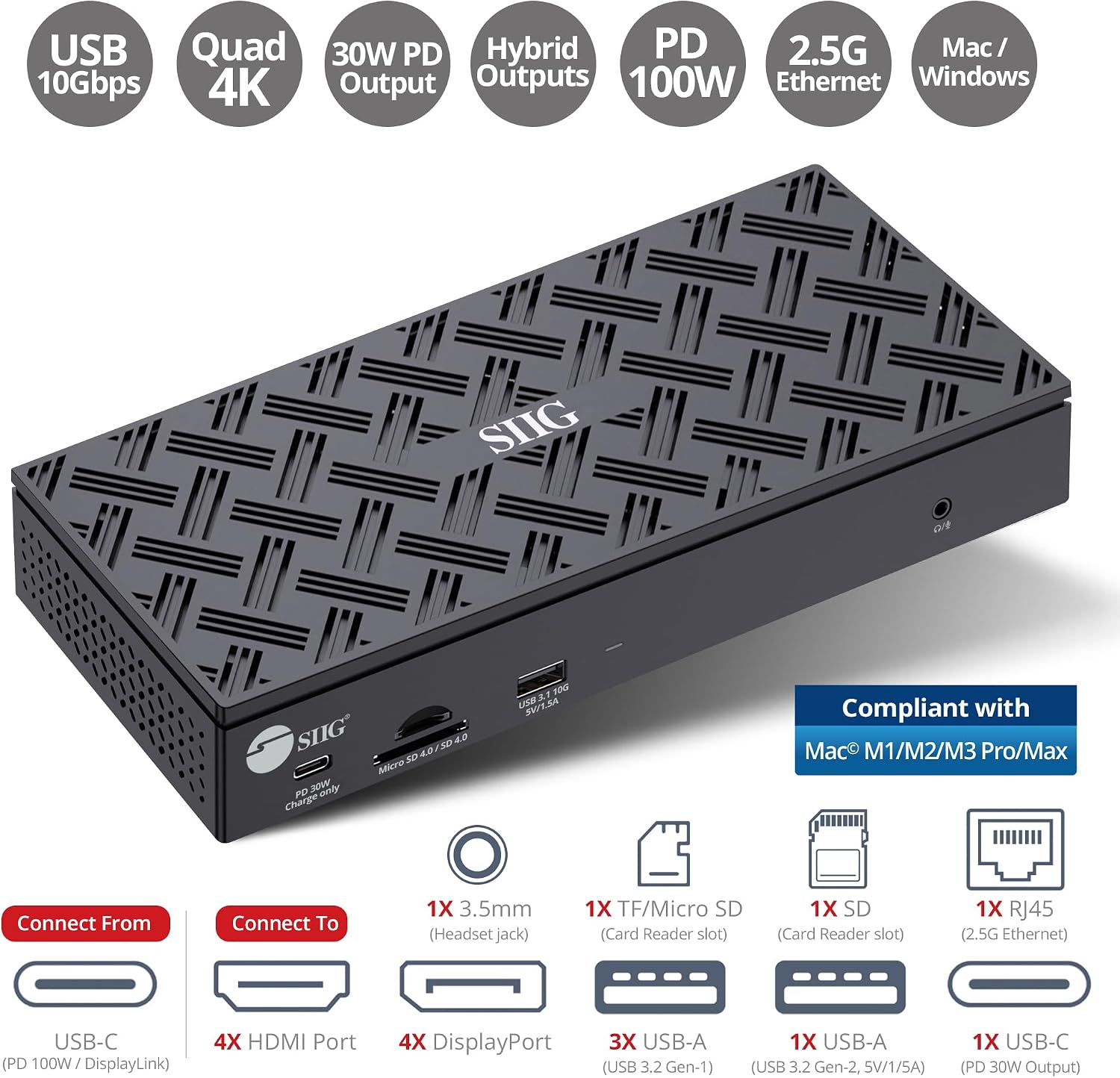 SIIG USB-C Quad 4K 60Hz Docking Station with 100W PD - Quad 4K@60Hz Monitor Laptop Dock - DisplayLink - 4 HDMI 4 DisplayPort, 4X USB-A, 2X USB-C, Thunderbolt 3 Compatible, 2.5 Gigabit Ethernet