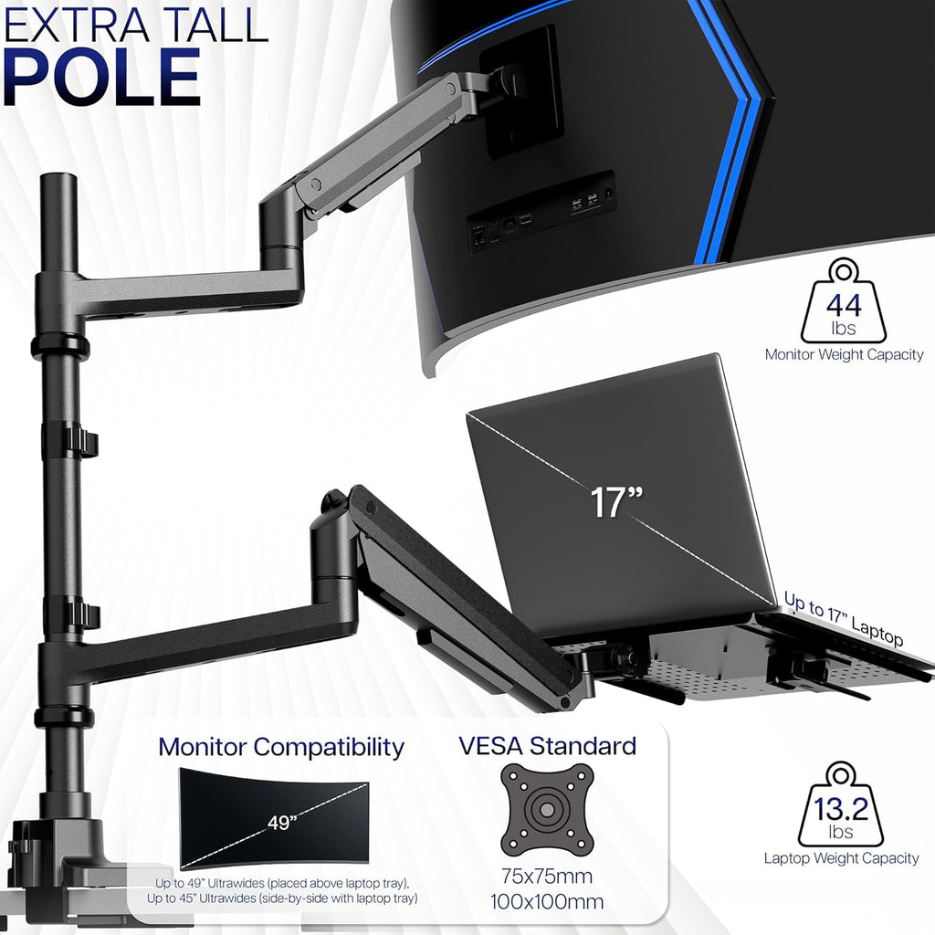 VIVO Pneumatic Arm Ultrawide Monitor Extra Tall Desk Mount for Up to 49 inch Screens and Laptop Tray for Up to 17 inch Notebooks, Holds Ultra-Wides Up to 44 lbs, Black, STAND-V120K-L