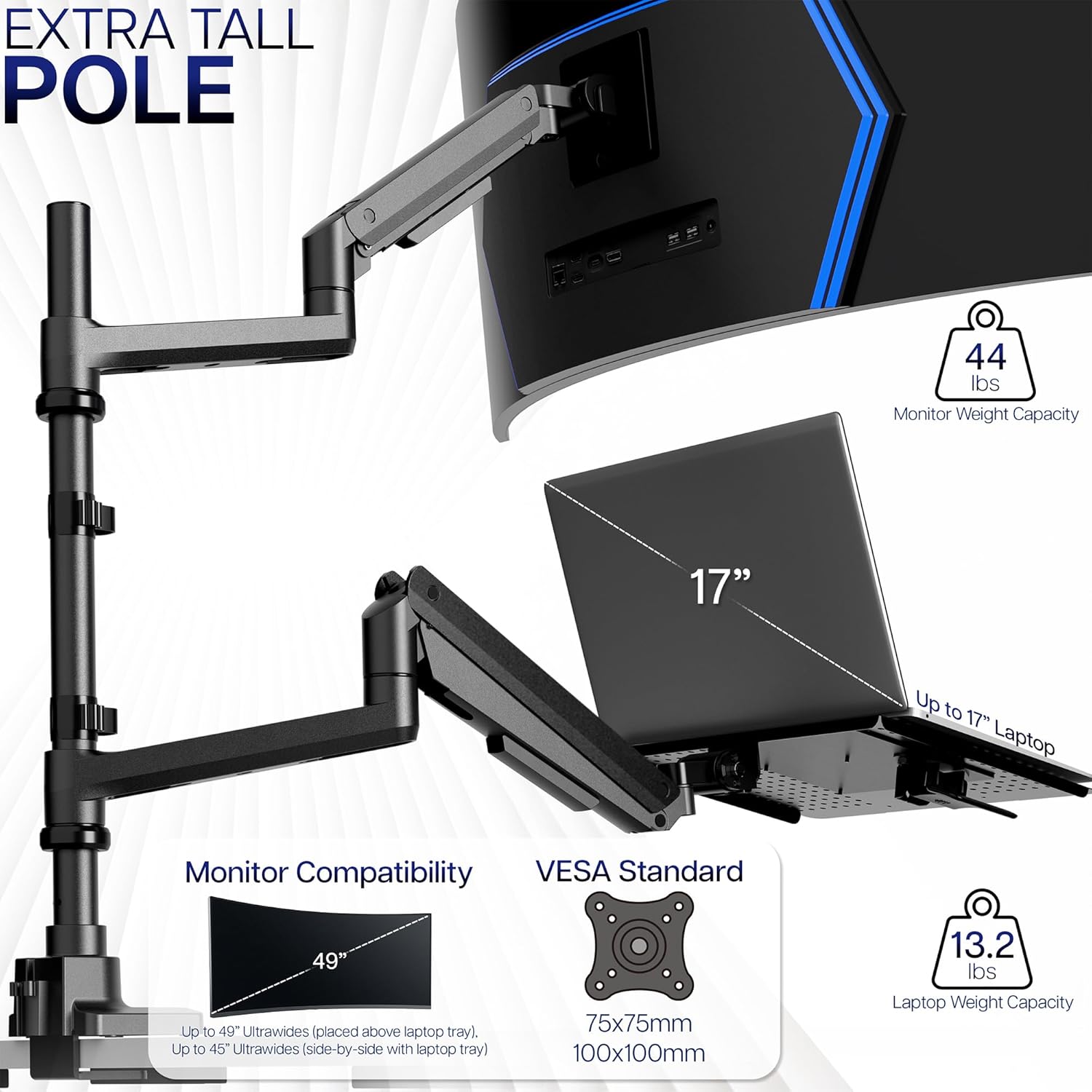 VIVO Pneumatic Arm Ultrawide Monitor Extra Tall Desk Mount for Up to 49 inch Screens and Laptop Tray for Up to 17 inch Notebooks, Holds Ultra-Wides Up to 44 lbs, Black, STAND-V120K-L