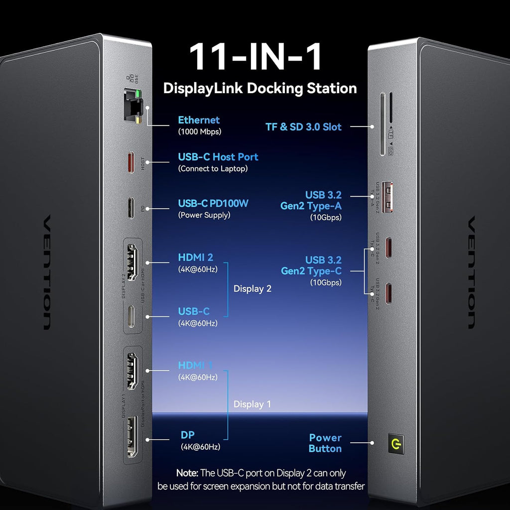 VENTION 11-in-1 DisplayLink Docking Station 3 Monitors with USB 3.2 A/C for MacBook/Dell/HP,USB C Laptop Docking Station Dual Monitor,4K@60Hz HDMI,DP,PD 100W, RJ45,SD/TF with USB-C Cable
