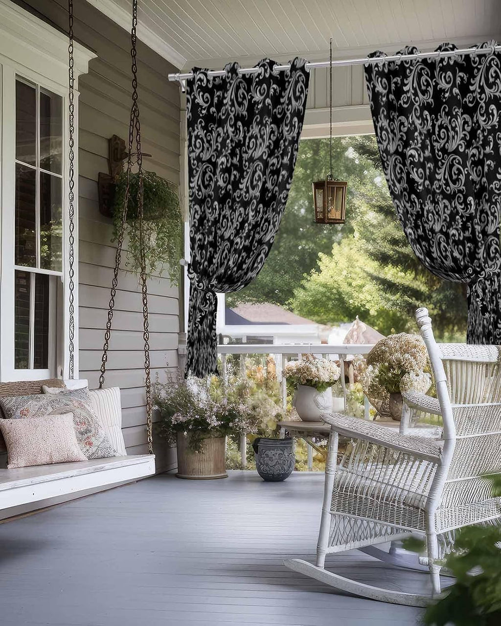 Outdoor Curtain for Patio Waterproof, Winter Christmas Retro Floral Pattern Black Outside Curtains with Grommet Top Curtain Panels Drapes for Pergola, Gazebo, Balcony 54' W x 108' L 2 Pcs