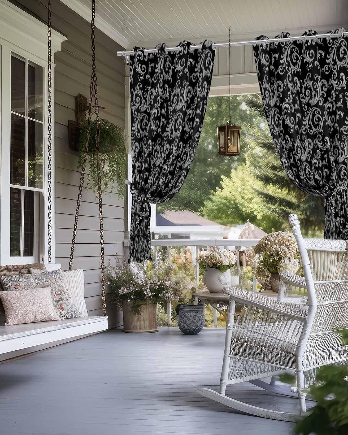 Outdoor Curtain for Patio Waterproof, Winter Christmas Retro Floral Pattern Black Outside Curtains with Grommet Top Curtain Panels Drapes for Pergola, Gazebo, Balcony 54' W x 108' L 2 Pcs