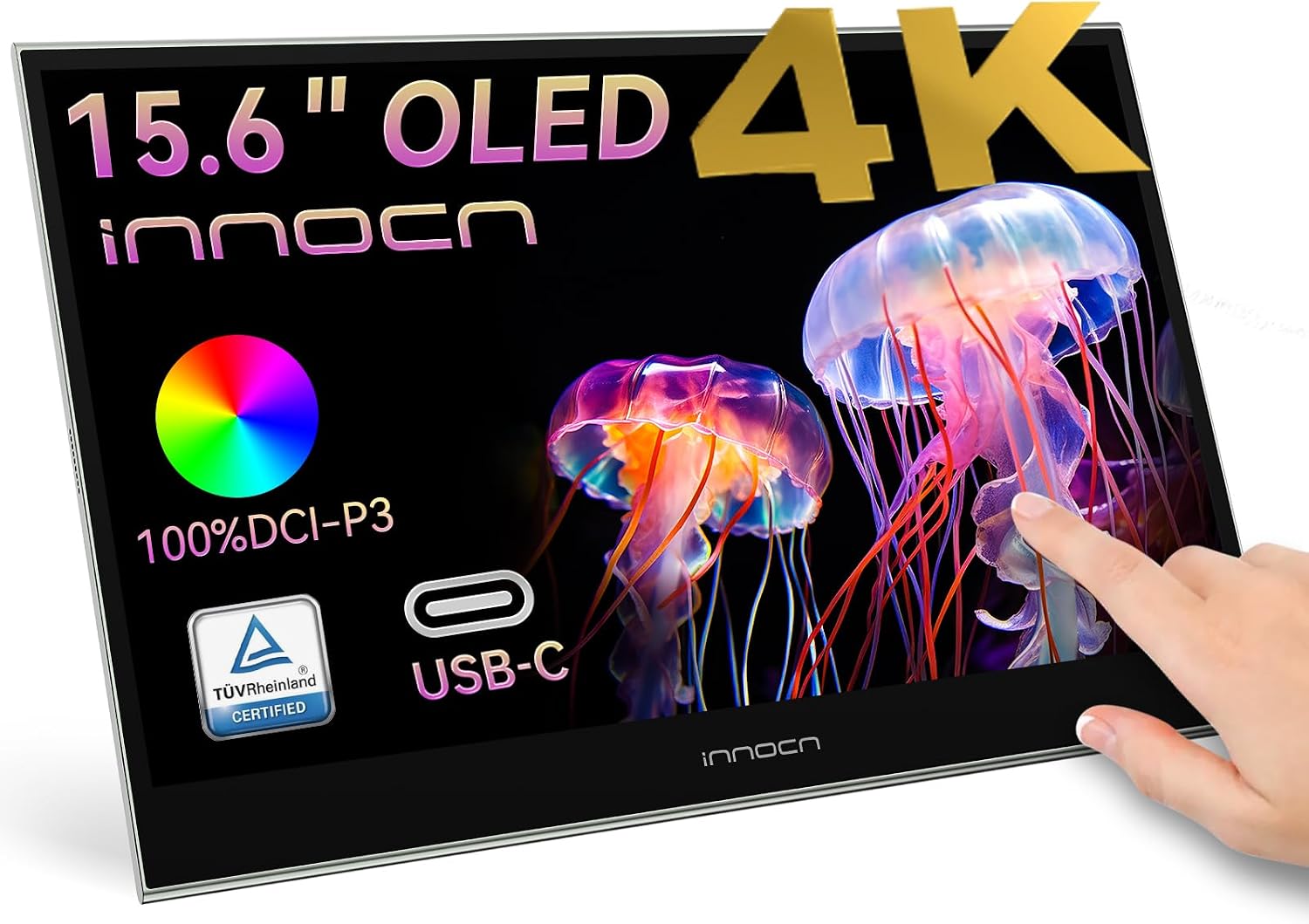 INNOCN 15.6' Portable Monitor OLED Touch Second Screen for Photo Editing with 4K, 100% DCI-P3, 100000:1, 10Bits, USB C External Monitor for Laptop,PC, Phone,Consoles, Brown, PU15 Pre C6