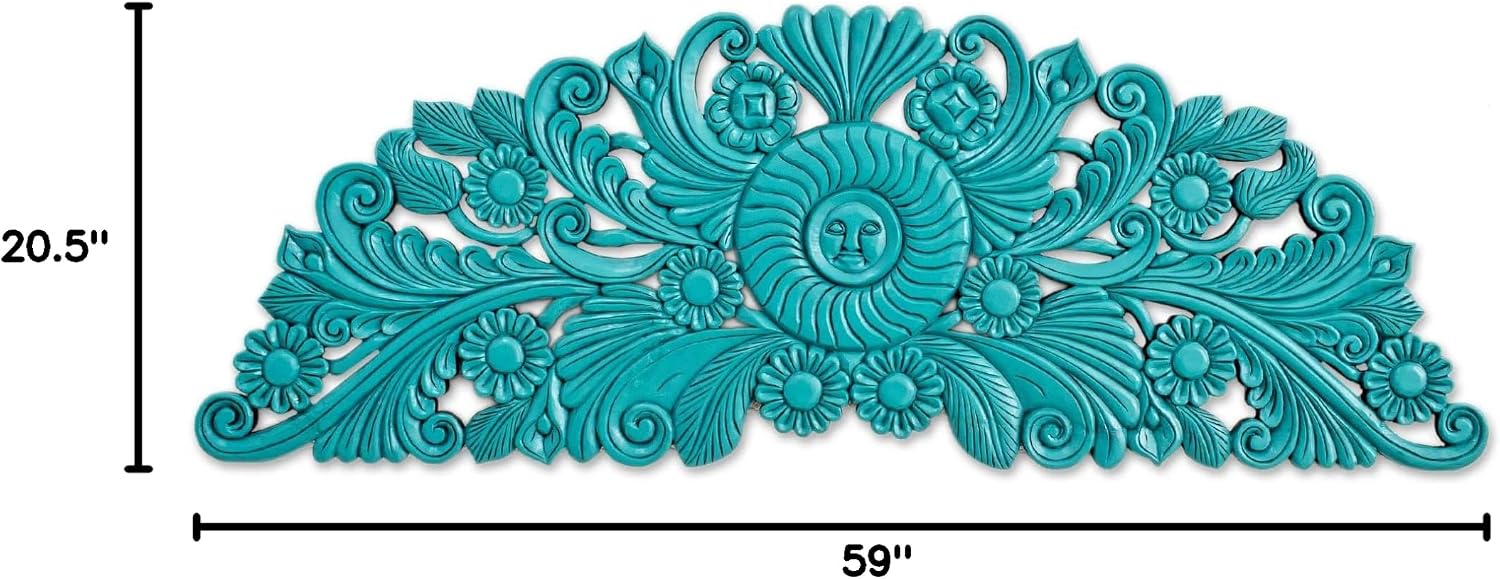 NOVICA Artisan Handcarved Wood Relief Panel Floral in Blue from Guatemala Wall Decor Panels Female Form Sun Moon [20.5in H x 59in W x 1.2in D] ' Mister Sun'