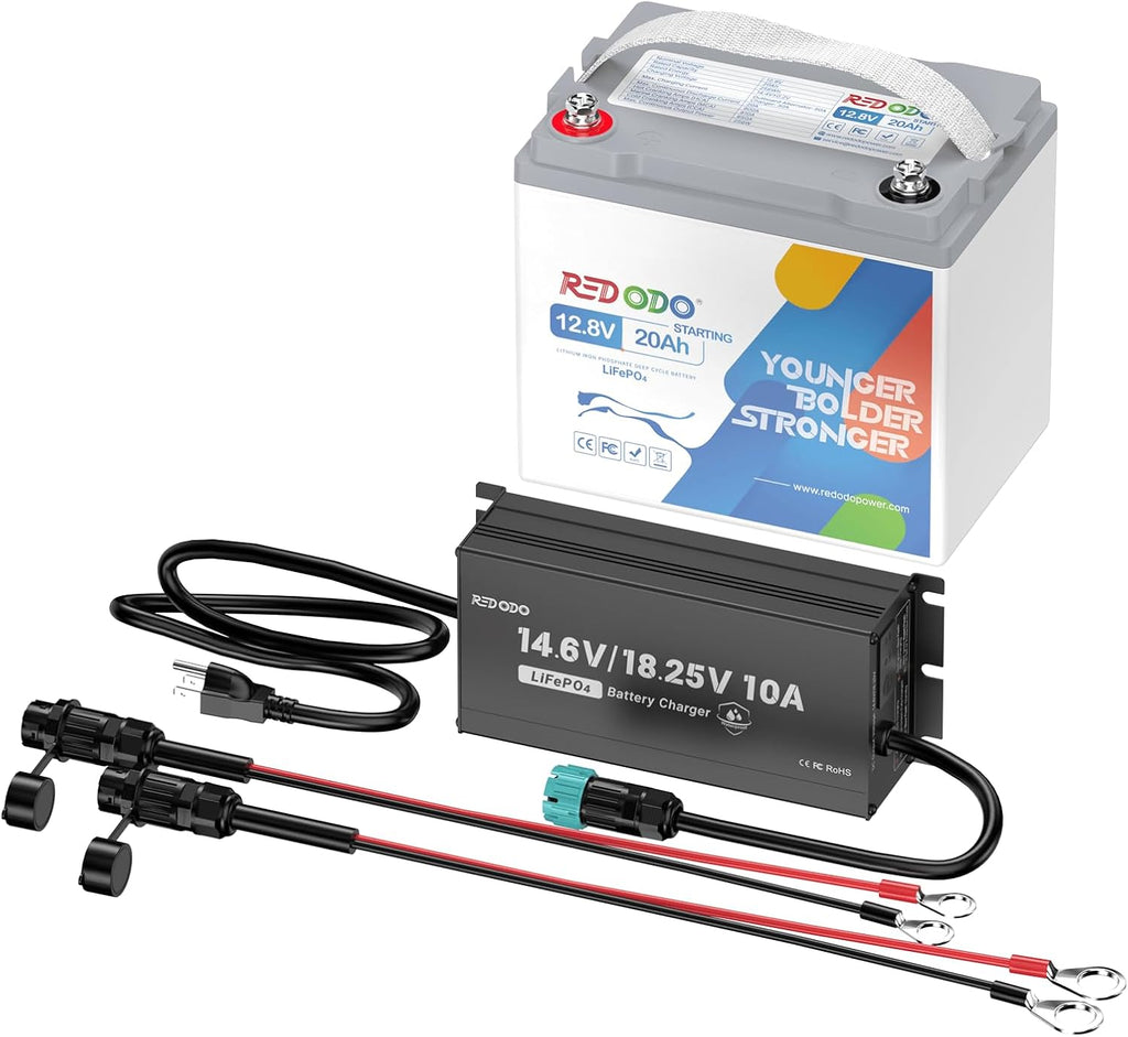 Redodo 12V 20Ah LiFePO4 Battery with 10A Charger, 800 CCA Group U1 Lithium Marine Cranking Battery, Perfect for Outboard Motor, Lawn Mower, ATV, UTV