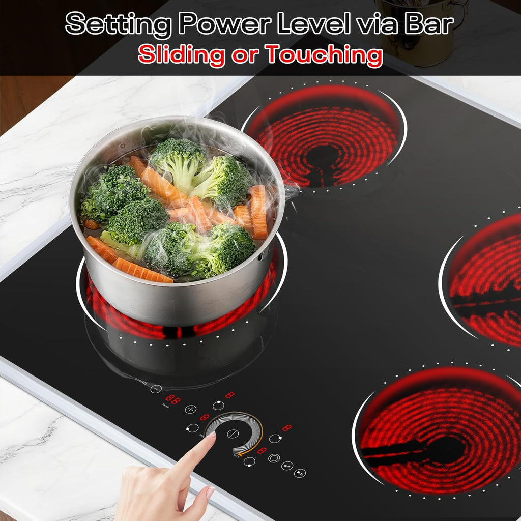 Hobsir 24 inch Electric Cooktop 6200W, 4 Burner Electric Stove Top, Built-in Circular Slide Ceramic Stove with Glass Metal Frame, Timer, Safety Lock, 220V-240V Burner Hard Wire (No Plug)
