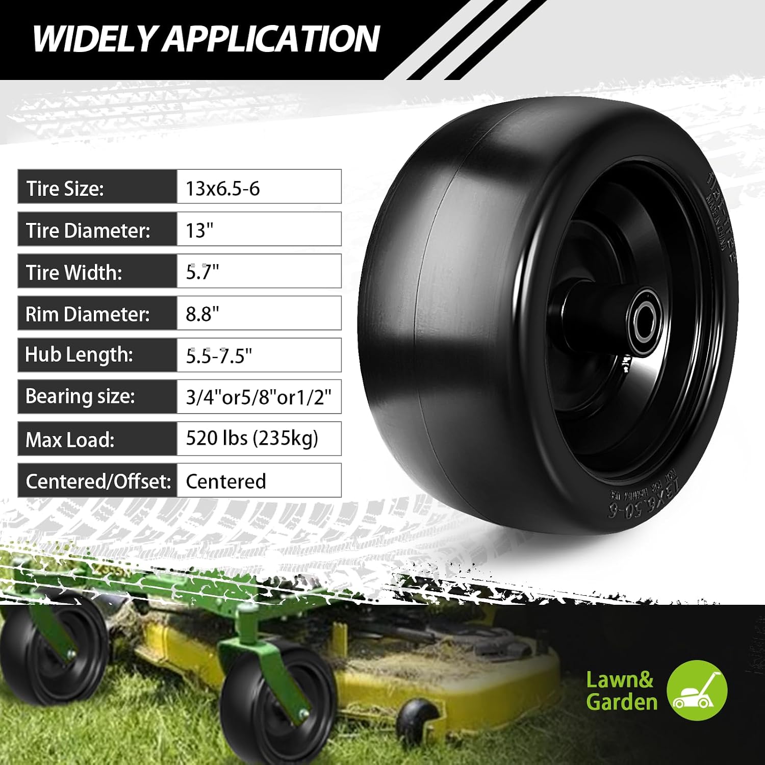 2 Pcs Upgrade 13x6.50-6 Lawn Mower Tires Flat Free,13x6.5-6 Tire and Wheel with 3/4'& 5/8' Bearing,5.5'-7.5' Centered Hub,13x6.5-6 Zero Turn Mower Front Tire for Residential and Commercial Garden Lawn