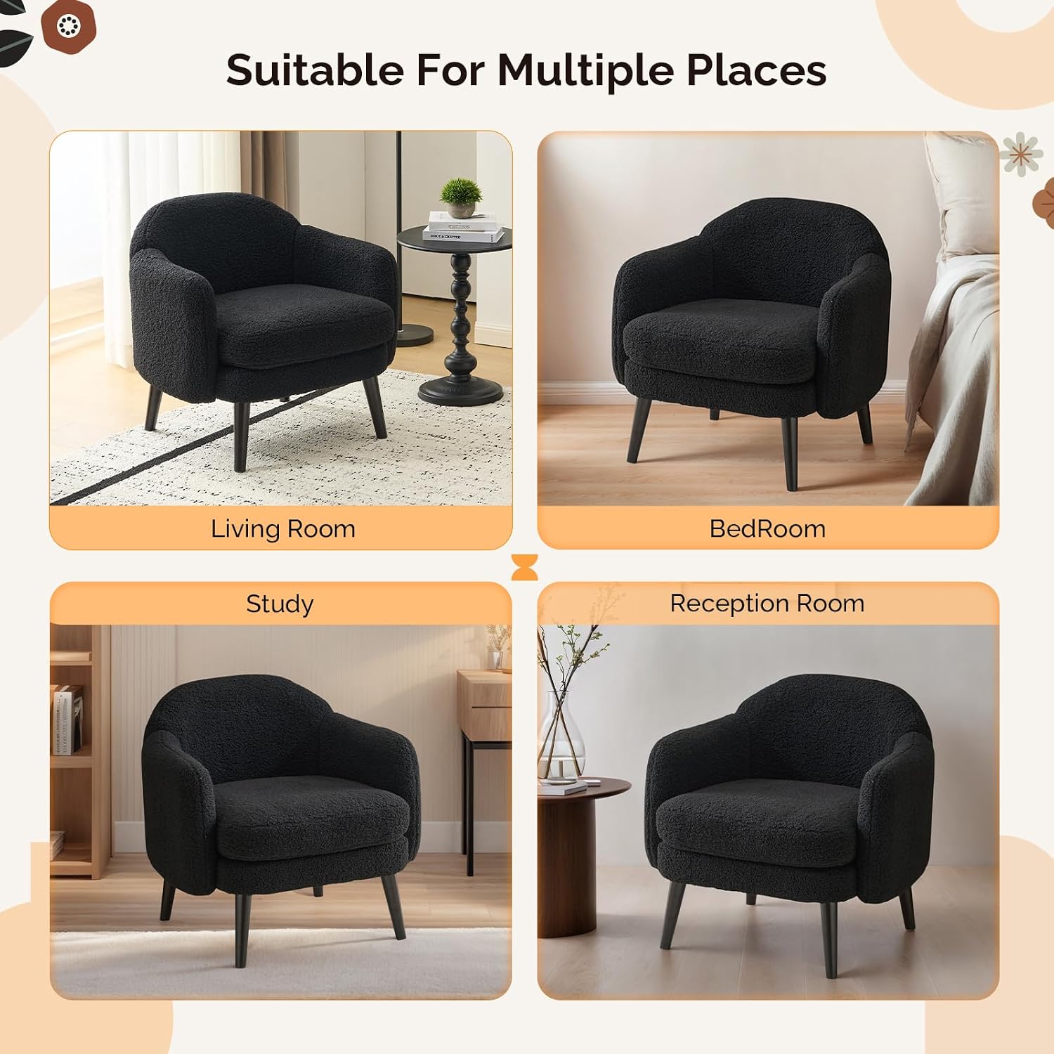 VINGLI 30.3' Wide Modern Barrel Accent Armchair with Track Armrest, Solid Wooden Legs, Comfy Upholstered Club Chair, Round Single Home Sofa for Living Room, Bedroom, Reading Room,Teddy Fleece Black