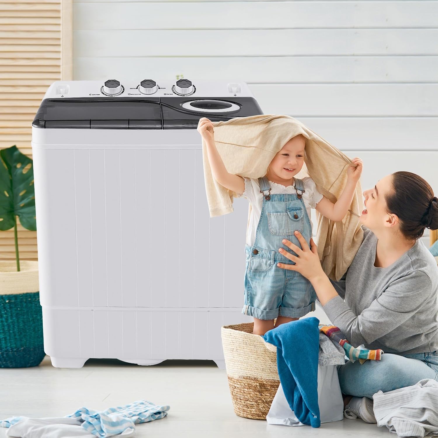 ARLIME Portable Washing Machine, 26 lbs Washer and Spinner Combo with Drain Pump,18 lbs Washing 8 Pounds Spinning Twin Tub Mini Compact Laundry Washer for Dorms, Apartments, RVs (White+Gray)