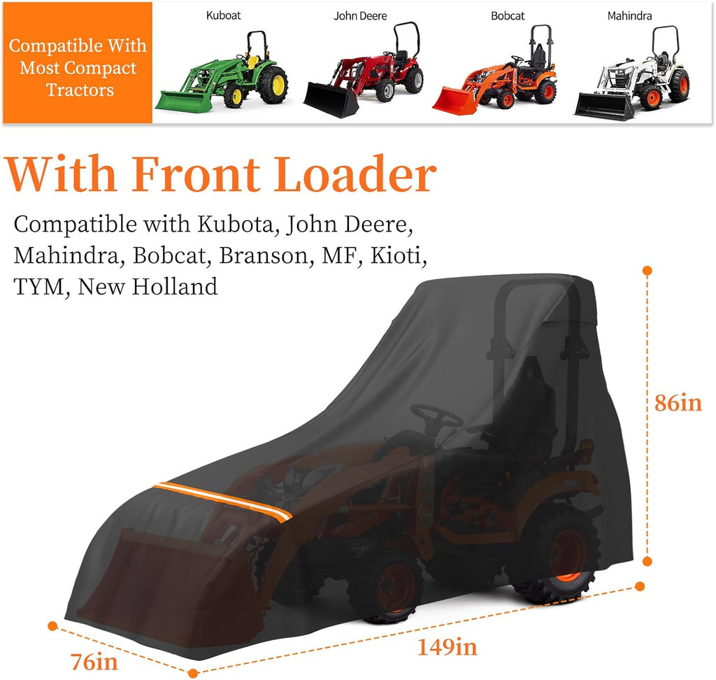 STARTWO Full Tractor Cover Waterproof Heavy Duty, Universal Fits Most Compact Utility Tractors, UV Protection, Dustproof, with Air Vents & Reflective Strips,149 L x 76 W x 86 H in