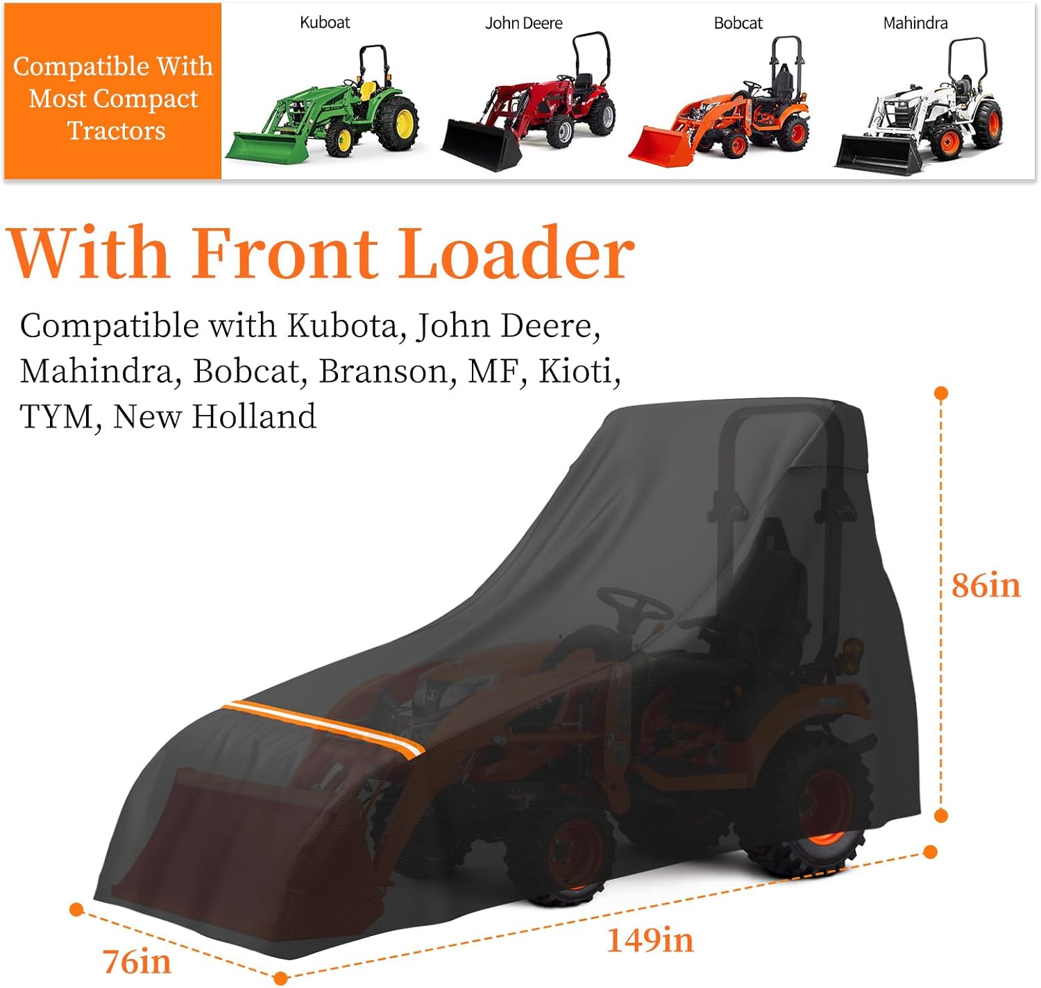STARTWO Full Tractor Cover Waterproof Heavy Duty, Universal Fits Most Compact Utility Tractors, UV Protection, Dustproof, with Air Vents & Reflective Strips,149 L x 76 W x 86 H in